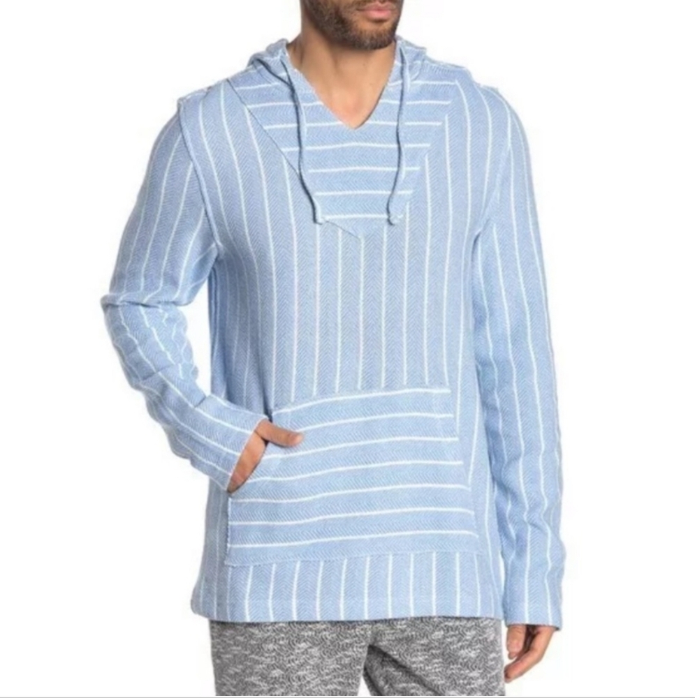 Onia || Large Blue Easton Baja Hooded Herringbone Stripe Knit Poncho